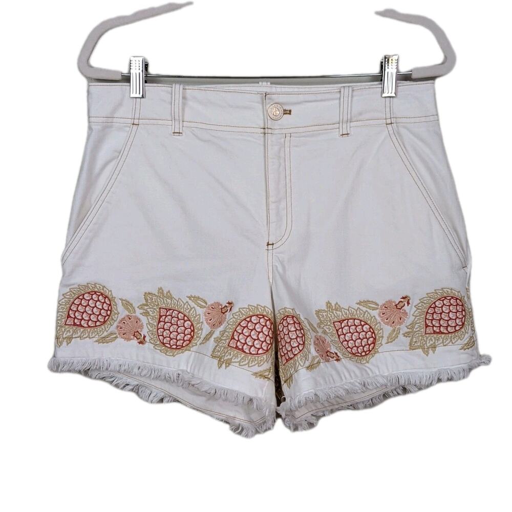 SPARTINA 449 White Denim Shorts Multicolored Embroidered Fringed Hem Women's 10